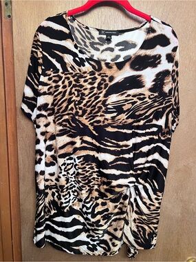 INC International Concepts Leopard-Print Short Sleeve Top - Brown/Black